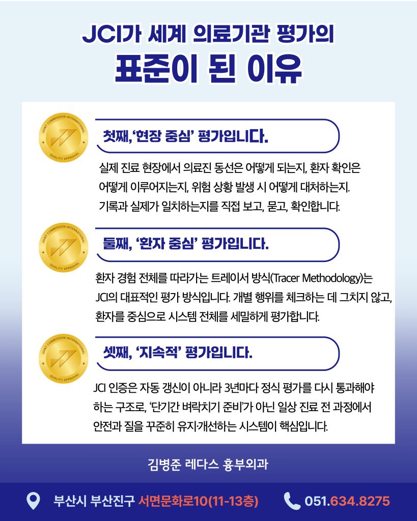 미국의료기관평가기관 JCI 세계가 인정하는 의료기관 인증의 기준 병원을 선택할 때 어떤 것을 기준으로 삼고 계신가요? 여러 가지 요소들과 함께 꼭 고려해야 할 것은어떤 상황에서도 환자를 안전하게 보호할 수 있는 시스템을 갖추고 있는가입니다.